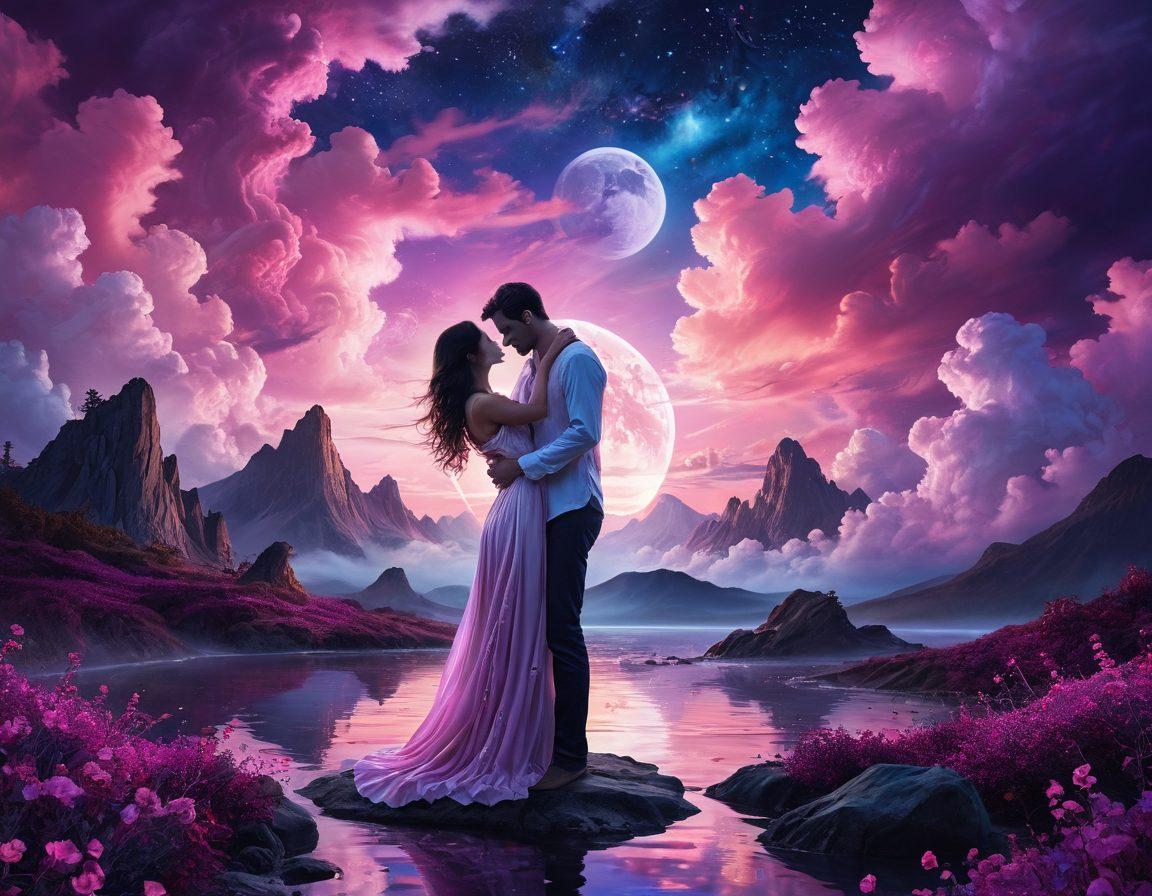 A surreal, dreamlike landscape featuring a couple passionately embracing under a glowing, moonlit sky, surrounded by swirling clouds of vibrant colors representing joy and desire. The scene includes whimsical elements like flowing petals and shimmering lights that evoke a sense of erotic adventure. The background should be soft and ethereal to enhance the romantic atmosphere. vibrant colors. surrealistic.