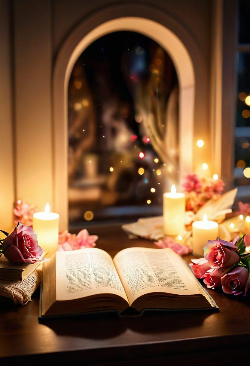 A warm, inviting scene featuring an open book with glowing pages, surrounded by soft candlelight and rose petals. Ethereal wisps of colorful smoke rise from the book, hinting at passionate stories waiting to be discovered. The background showcases a cozy nook with plush cushions and dim fairy lights adding to the romantic atmosphere. Super-realistic. Warm colors. Soft focus.