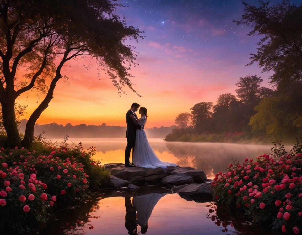 A passionate couple embracing under a starlit sky, surrounded by blooming roses and soft candlelight, embodying the essence of romance and intimacy. The background features a whispering brook, adding a serene ambiance, while warm colors fill the scene, portraying a sense of longing and desire. Include subtle hints of mist for an ethereal quality. painting. vibrant colors.